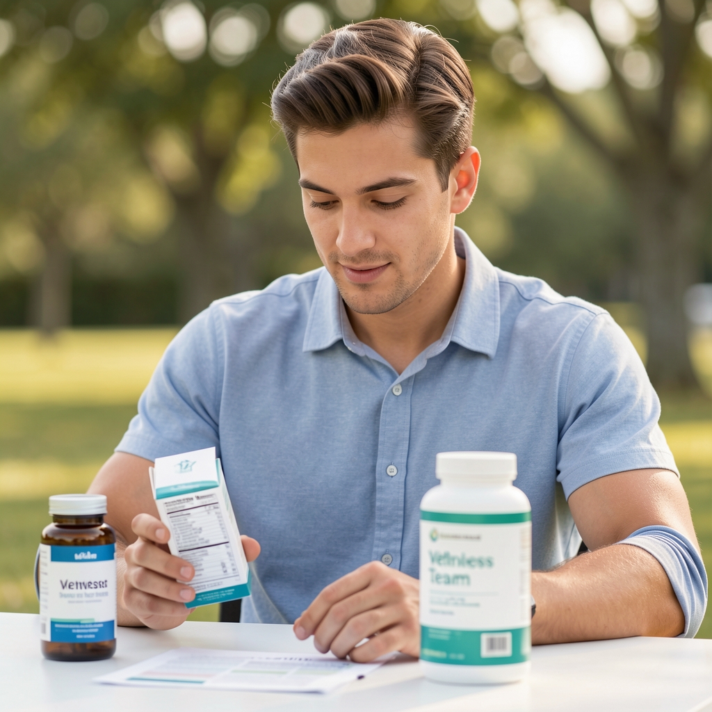 Small Manchester wellness team reviewing supplement packaging and ingredient information around a bright table