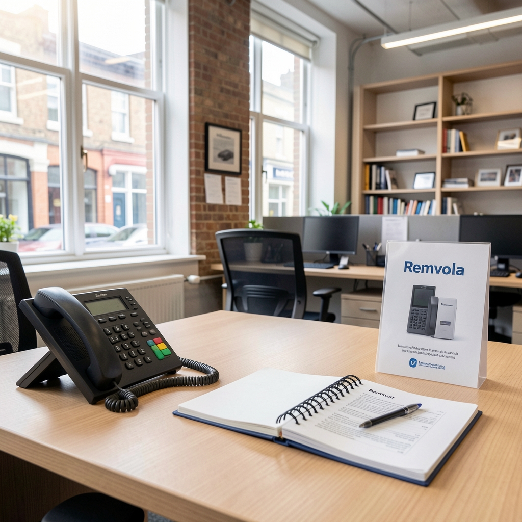 Remvola customer support desk with telephone, notebook and product information in Manchester office light