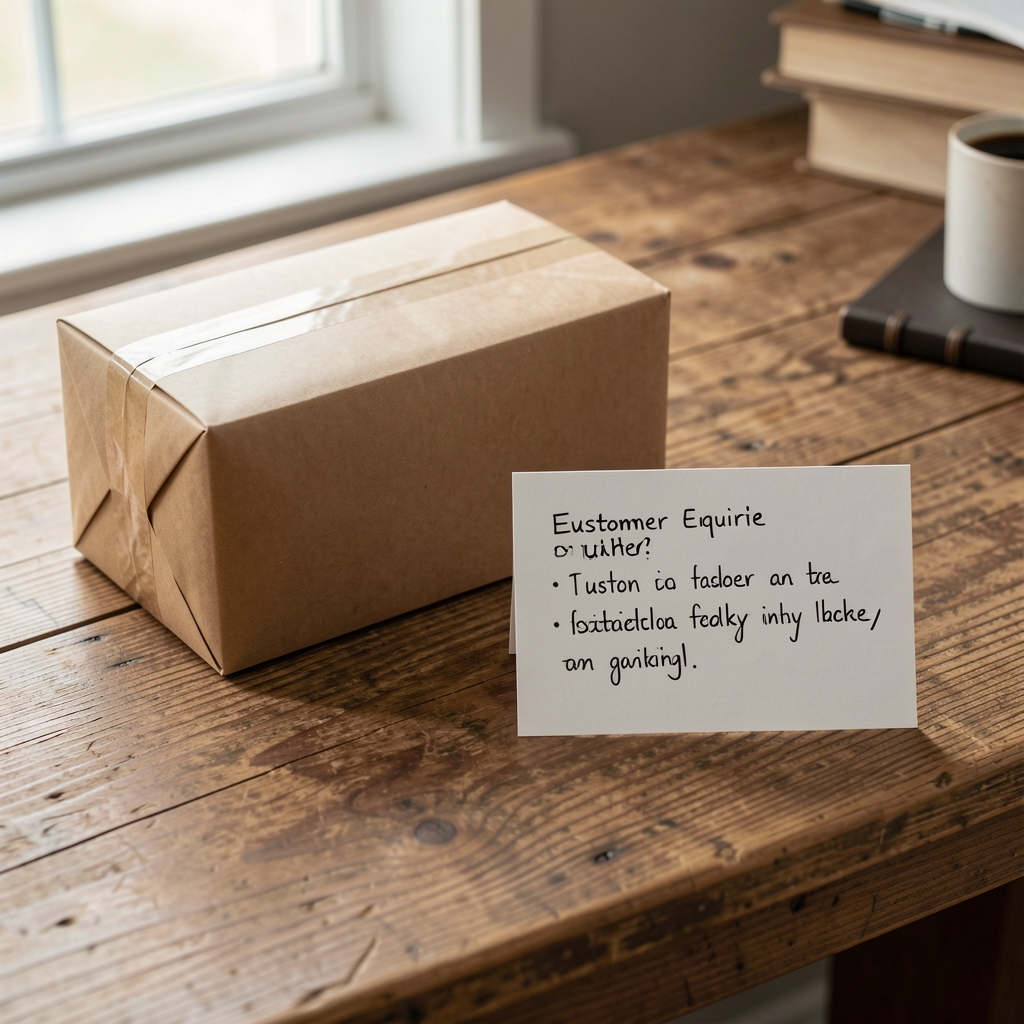 Discreet Remvola parcel and handwritten customer enquiry card on a wooden desk