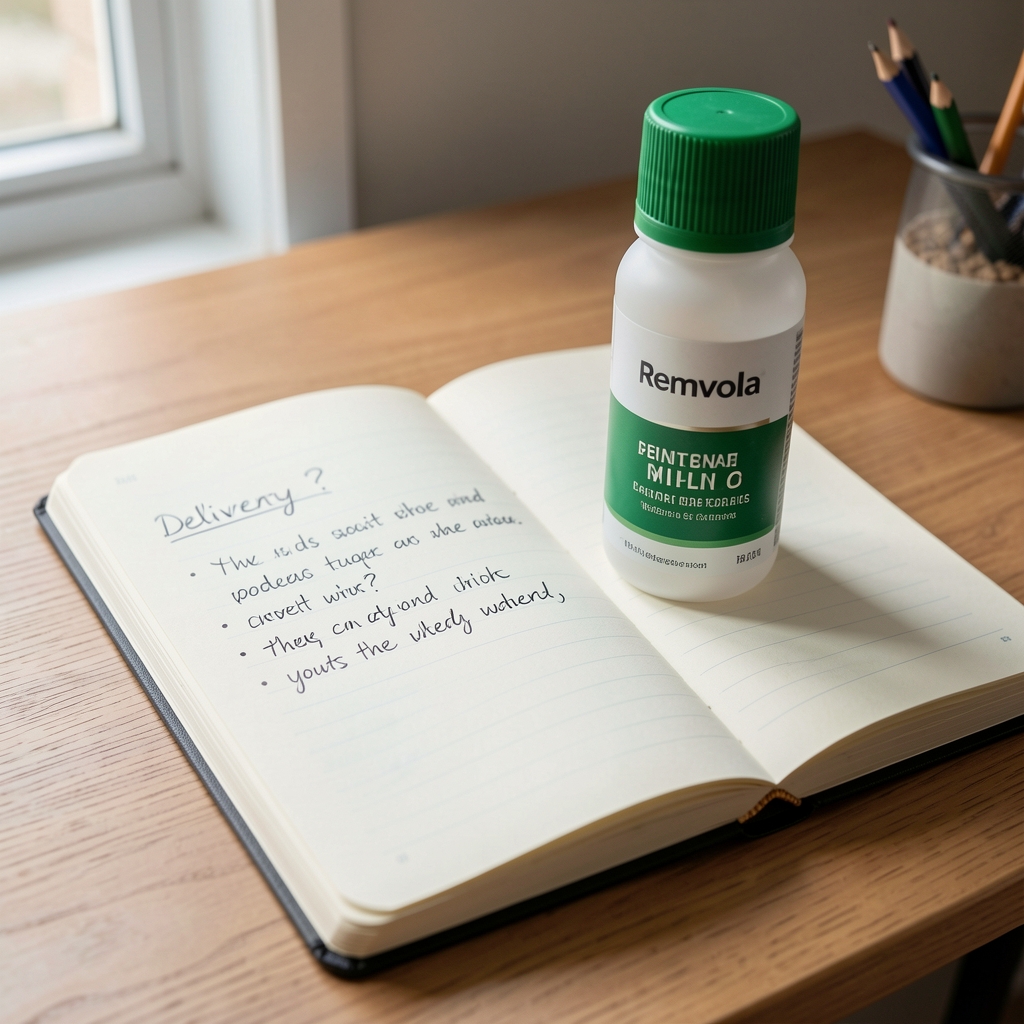 Open notebook with Remvola product bottle and handwritten delivery questions on a calm desk