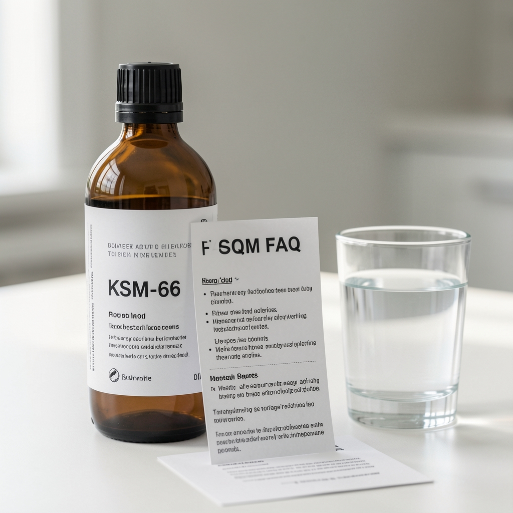 Remvola Ashwagandha KSM-66 bottle beside a printed FAQ card and water glass