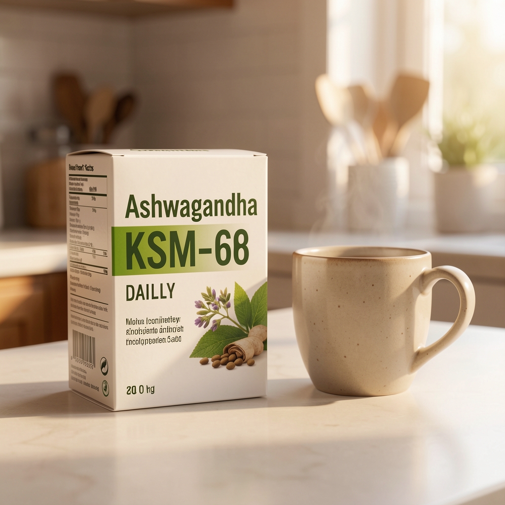 Ashwagandha KSM-66 daily supplement pack on a warm clean kitchen surface beside a ceramic cup and soft morning light