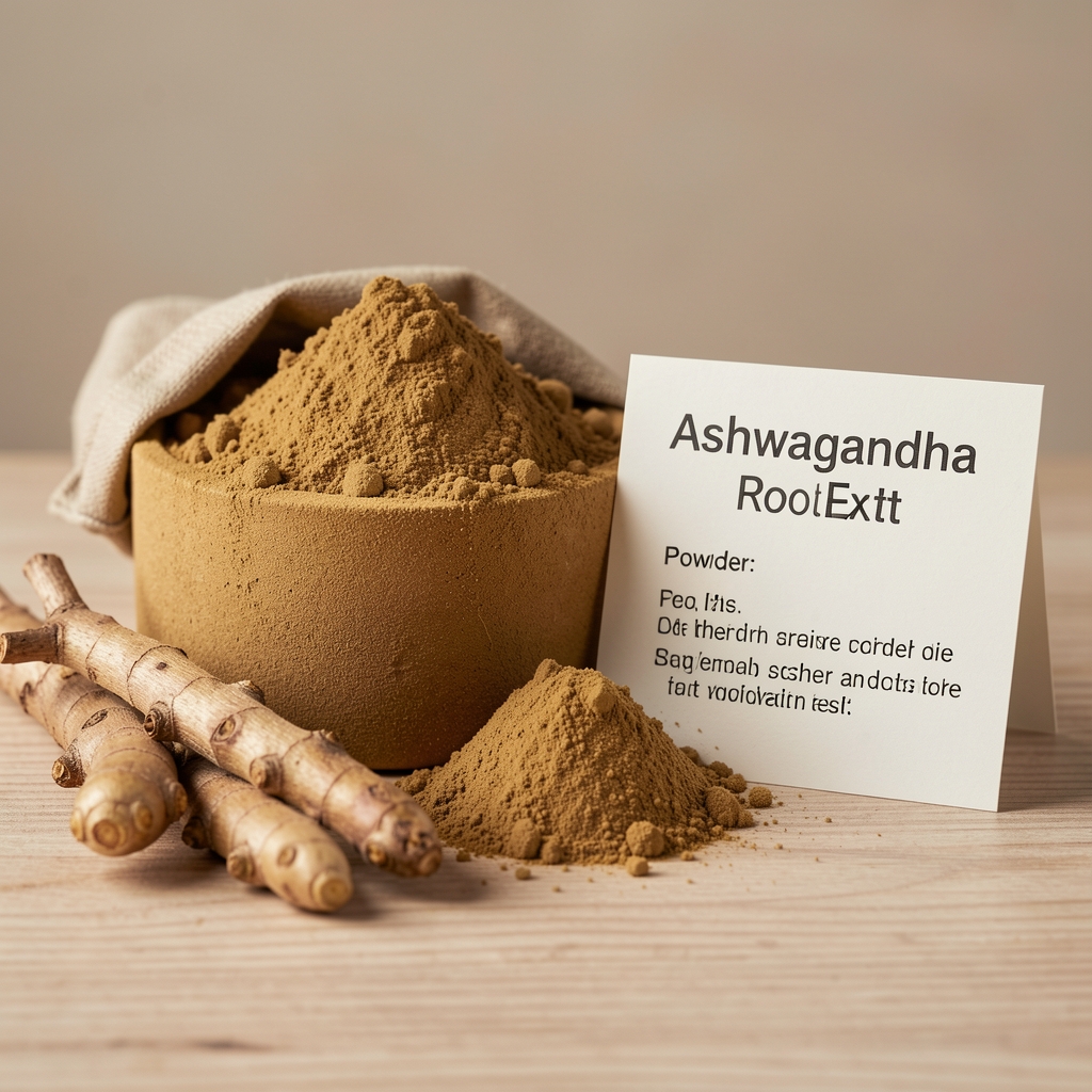 Ashwagandha root extract powder with botanical roots beside a labelled ingredient card