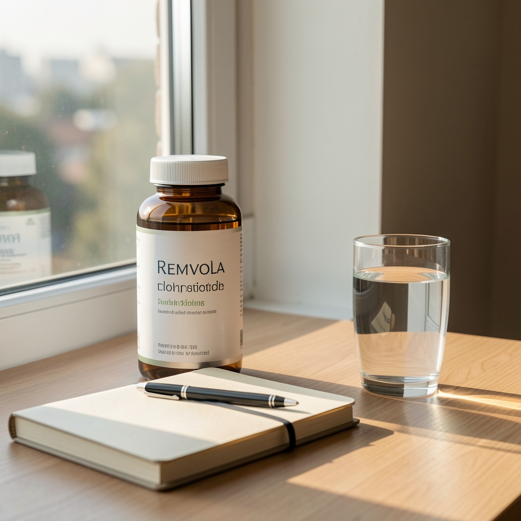 Bright British morning routine with a Remvola capsule bottle, water glass and notebook beside a window