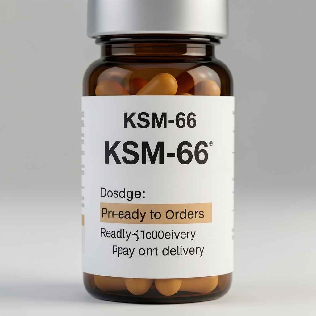 Close-up of Remvola Ashwagandha KSM-66 capsule bottle label showing dosage information, ready to order for pay on delivery