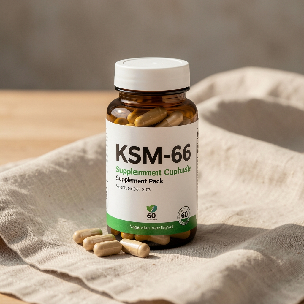 Remvola Ashwagandha KSM-66 supplement pack of 60 vegetarian capsules standing upright on a linen cloth
