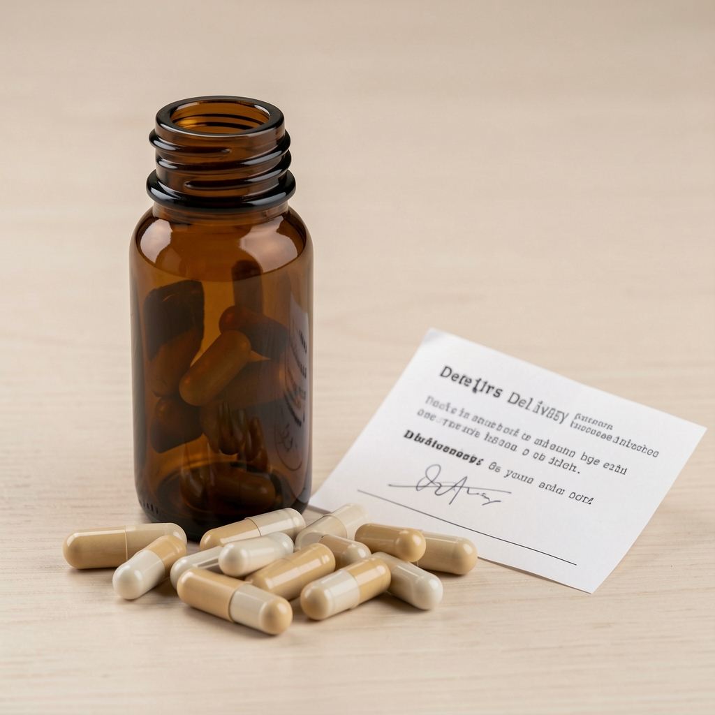 Vegetarian Remvola capsules arranged beside an open bottle and delivery note