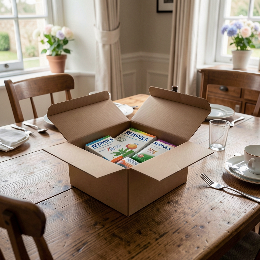 Neatly packed Remvola supplement parcel opened on a dining table in a British home